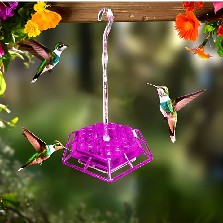 Outdoor hummingbird feeder with ant & bee guards ensures pure nectar access for garden hummingbirds; easy to hang.
