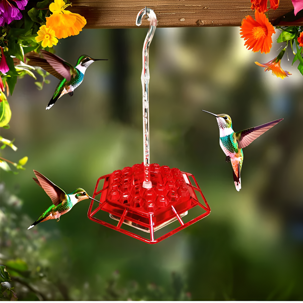 Durable polycarbonate hummingbird feeder with ant moat and bee deterrent; ideal for safe bird watching in your garden.