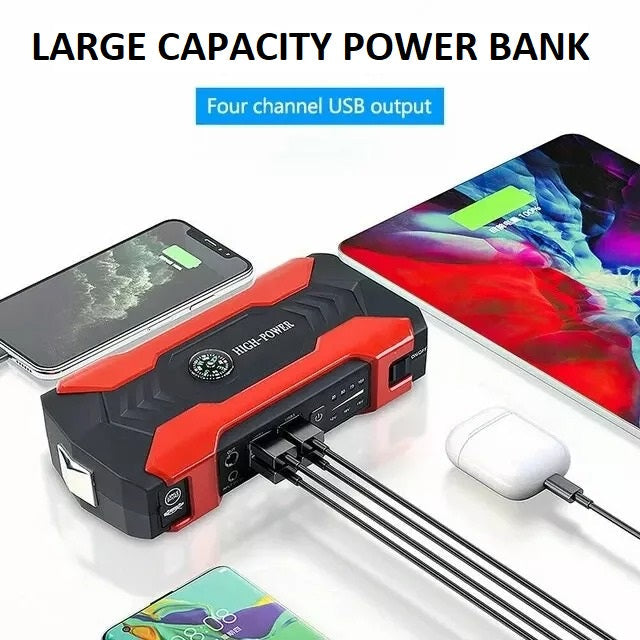 Multi-function car jump starter featuring power bank, bright LED light, and compass for emergency use