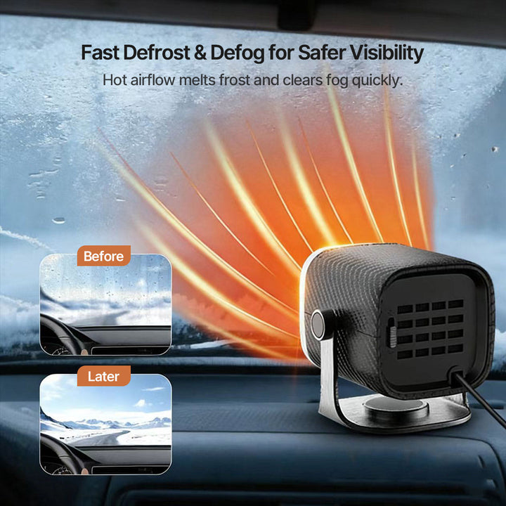 Black portable car heater, 12V/24V, with adjustable stand for easy positioning