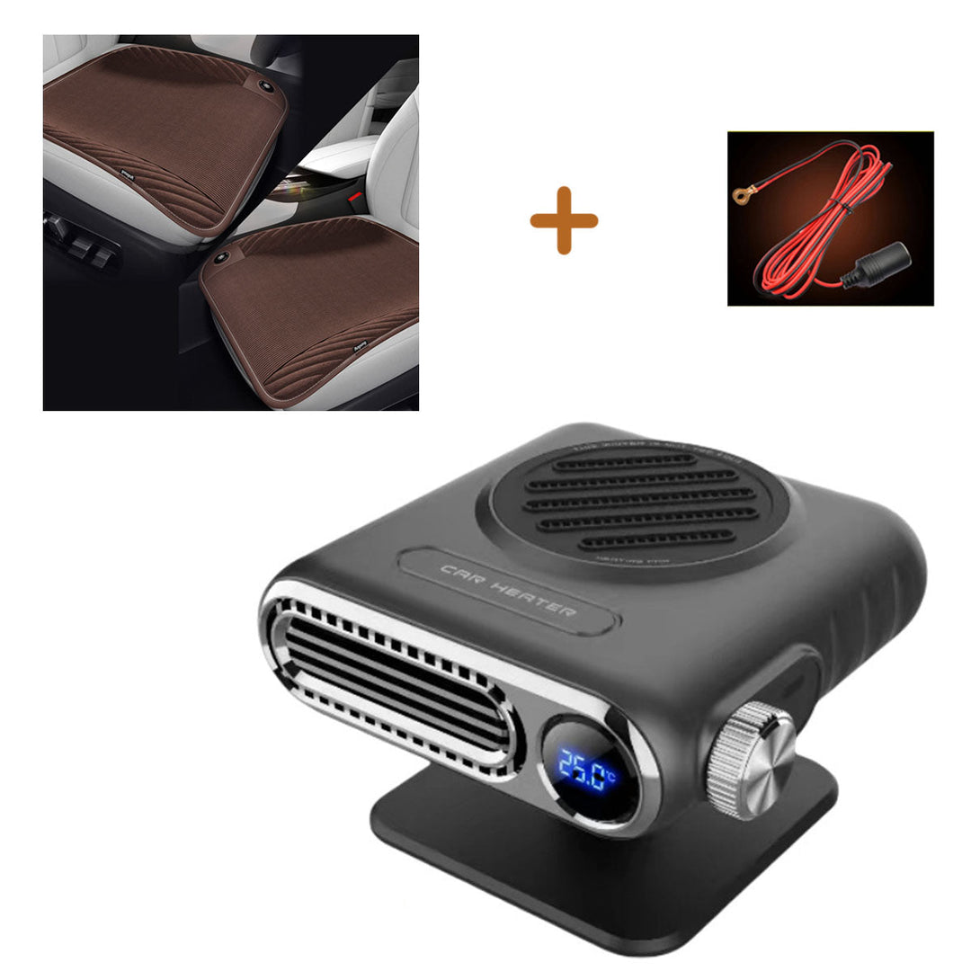User demonstrating the portable 12V 24V car heater setup in a cold vehicle