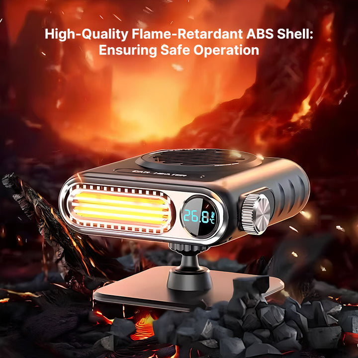 Black portable car heater mounted on a dashboard, effective defroster for winter