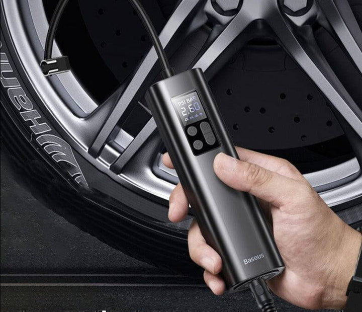 Portable 12V car tire air compressor pump for emergencies and road trips, ideal auto maintenance accessory.