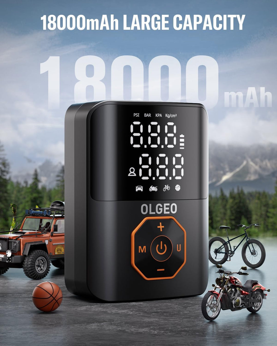 User inflating car tire with a portable 18000mAh air compressor. Essential for road trip safety & maintenance.