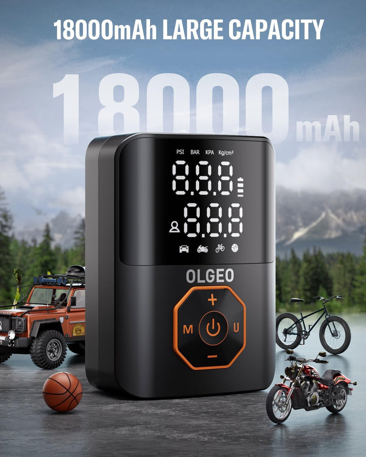 User inflating car tire with a portable 18000mAh air compressor. Essential for road trip safety & maintenance.
