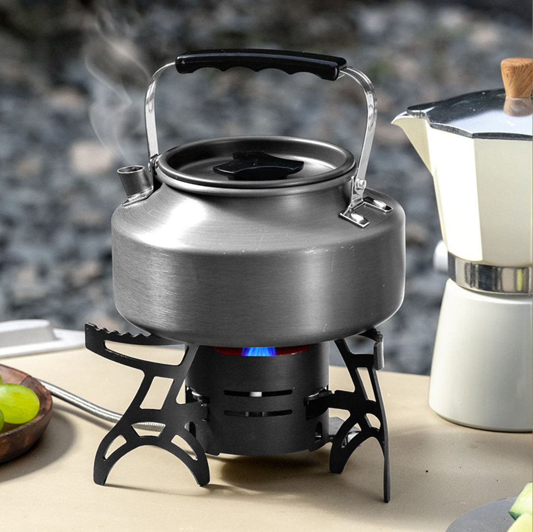 Gas stove featuring a stable pot support system, ensuring safety and ease of use for camping meals.