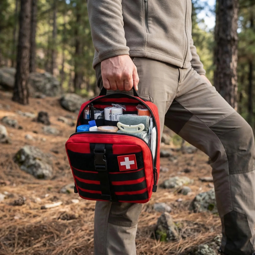 Portable 379-piece unisex first aid emergency kit with medical supplies for safety.