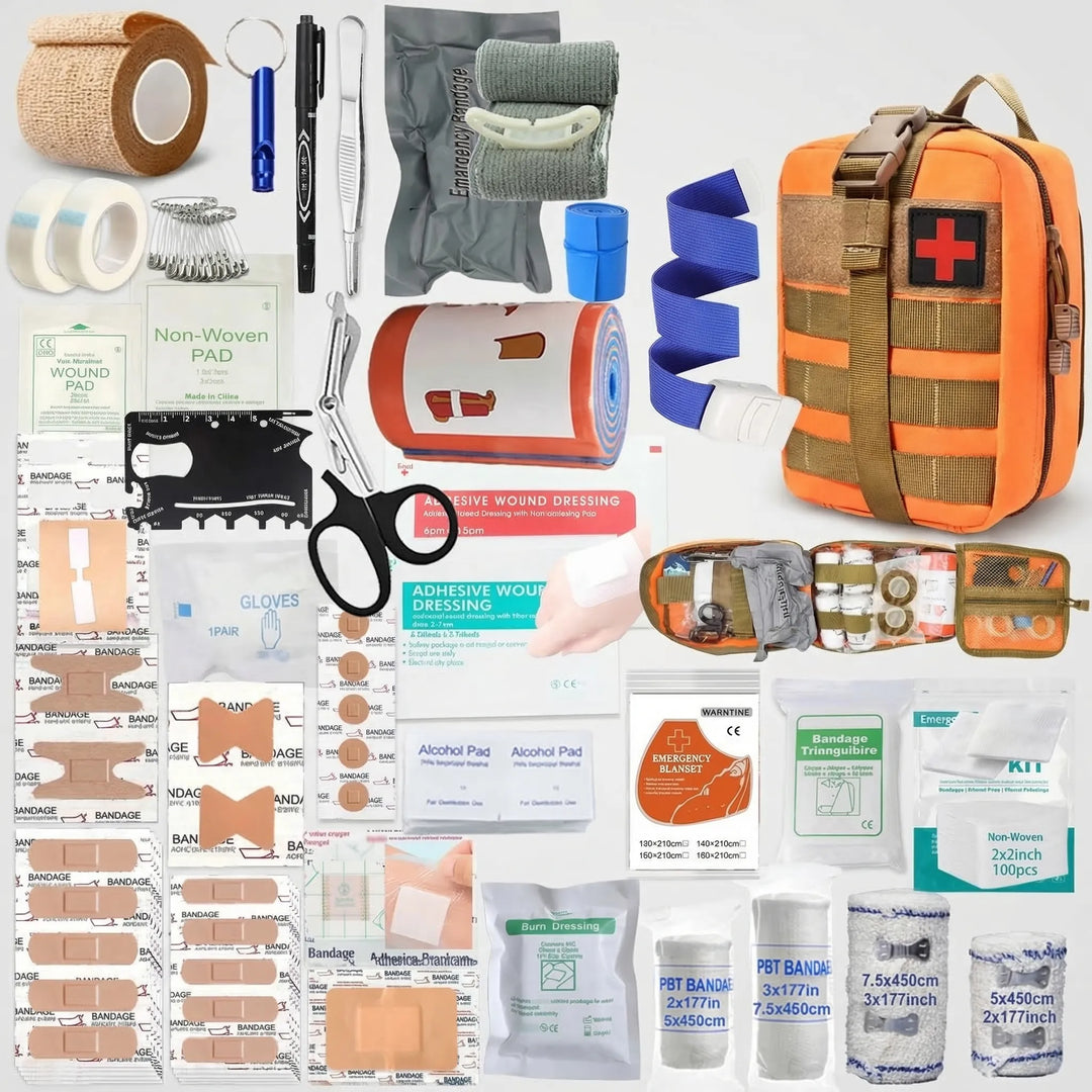 Open 379-piece first aid kit displaying medical supplies, bandages, and tools for survival.