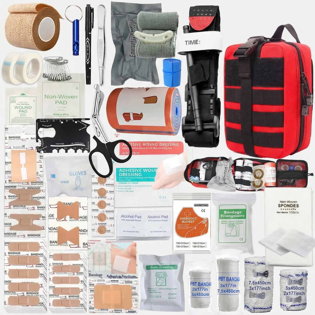 Durable portable first aid survival kit with 379 essential medical items for all emergencies.