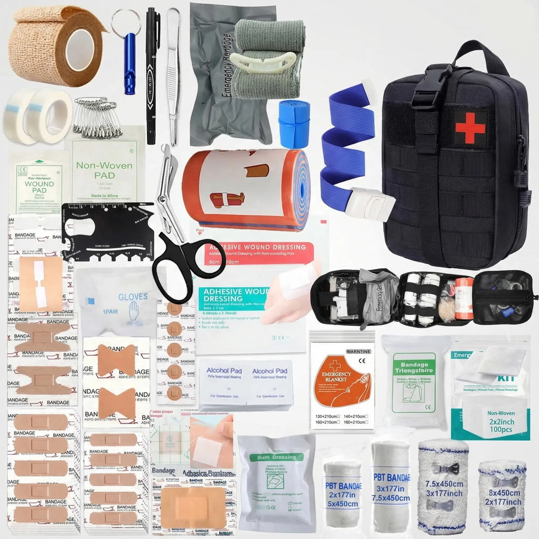 Unisex 379-piece first aid kit in a bright red case, ready for any adventure or emergency.