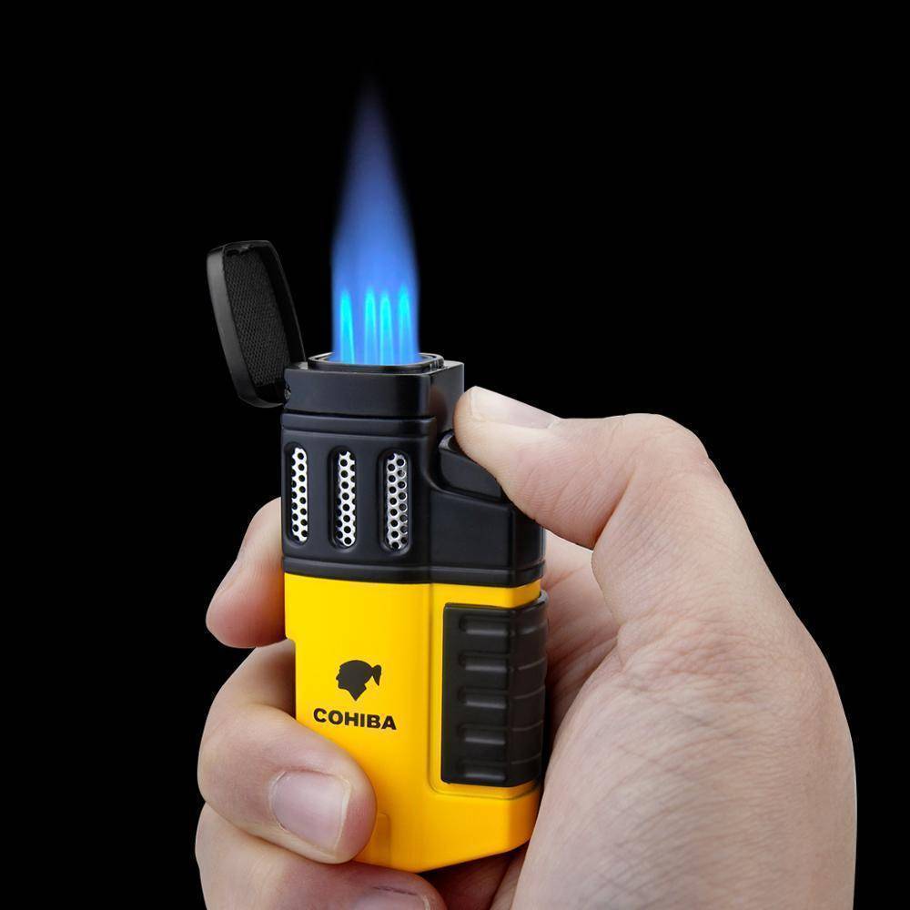Portable 4-jet torch lighter for cigars, windproof butane torch for outdoor camping & BBQ
