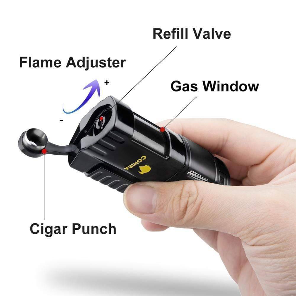 Product shot of a 4-jet torch lighter, showcasing its compact size for outdoor gear kits