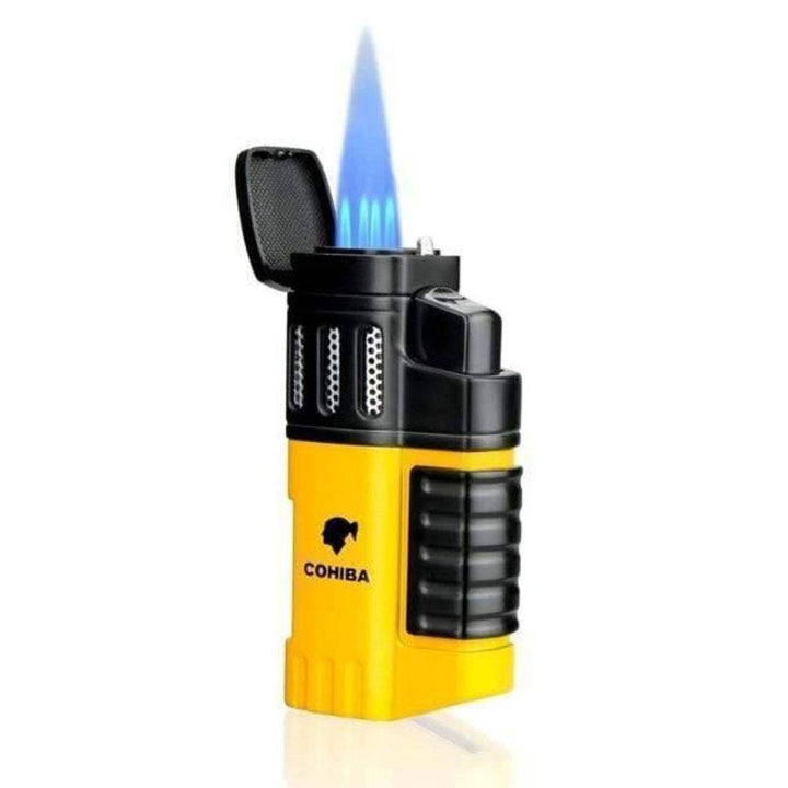 Close-up of a black 4-jet torch lighter, depicting strong flame for cigars & outdoor use