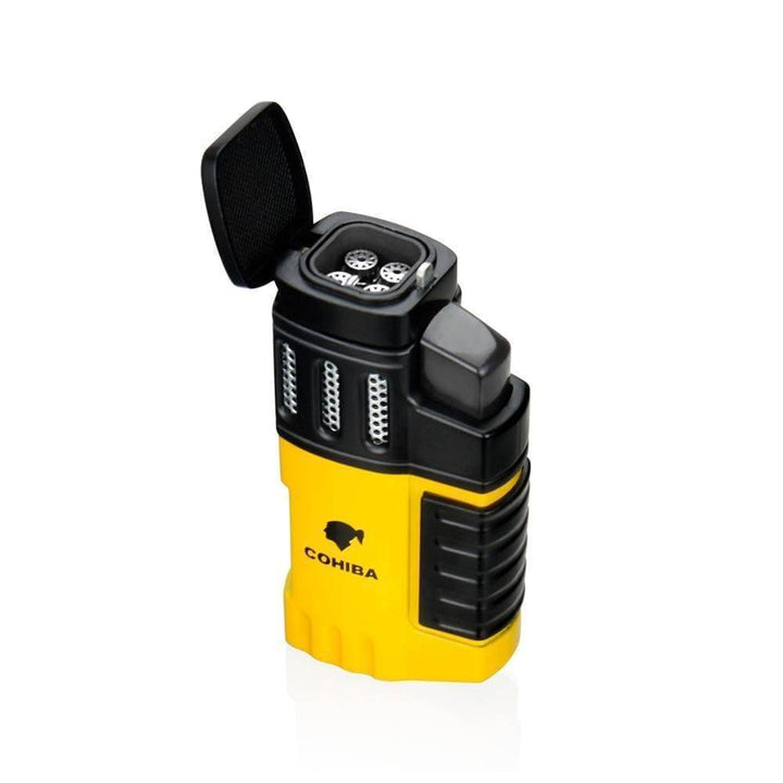 Refillable butane torch lighter with quad jet flame, ideal for outdoor activities & cigars