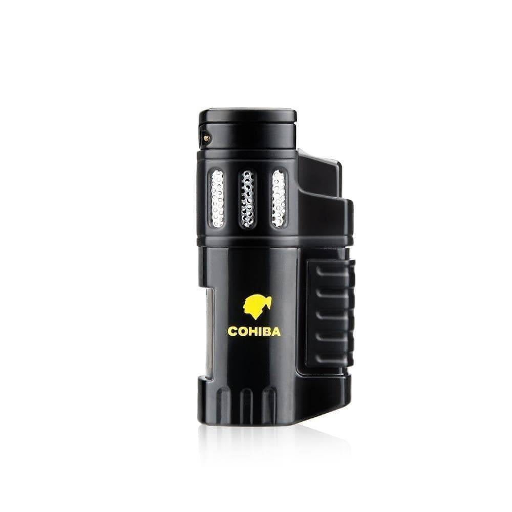 Sleek silver 4-jet torch lighter, a windproof and durable cigar accessory for travel