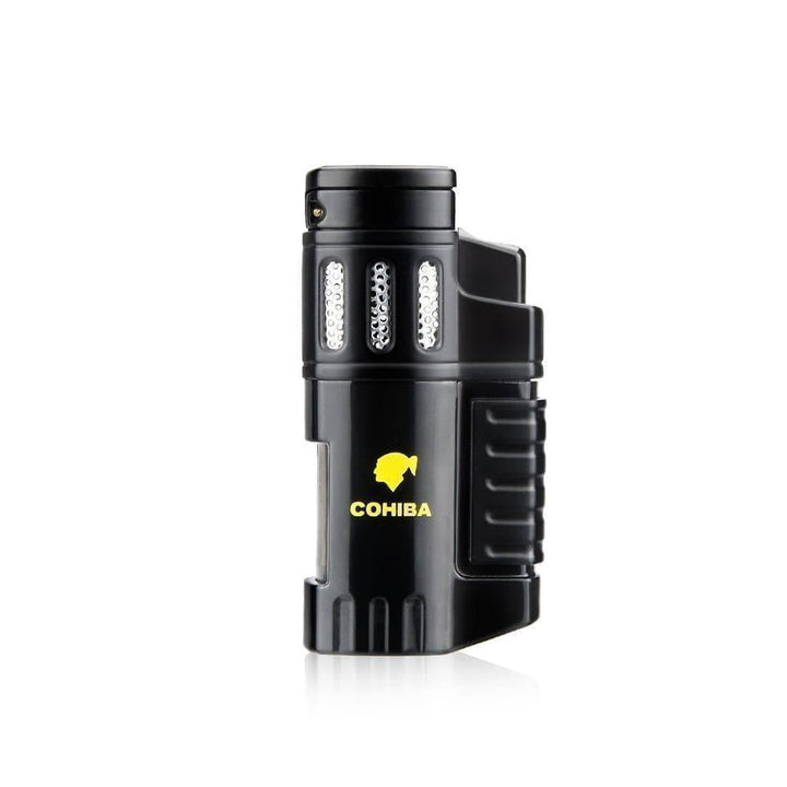 Sleek silver 4-jet torch lighter, a windproof and durable cigar accessory for travel