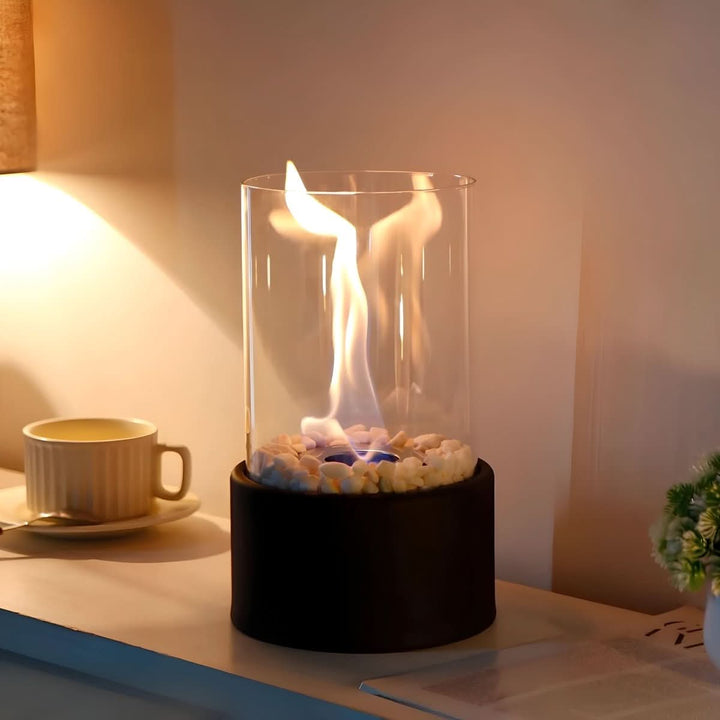 Elegant white portable tabletop fire, enhancing any space with a decorative, clean-burning flame.