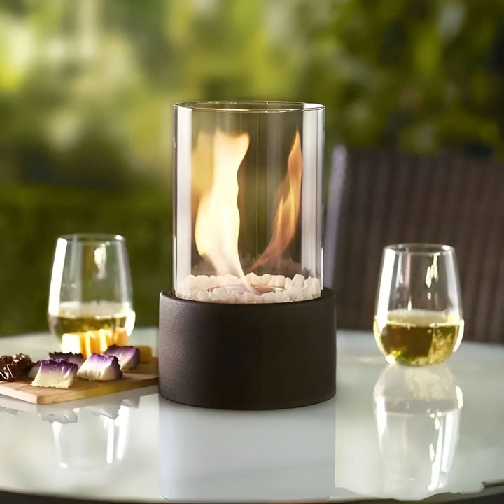 Decorative flame tabletop fireplace, perfect for indoor or outdoor evening ambiance and relaxation.