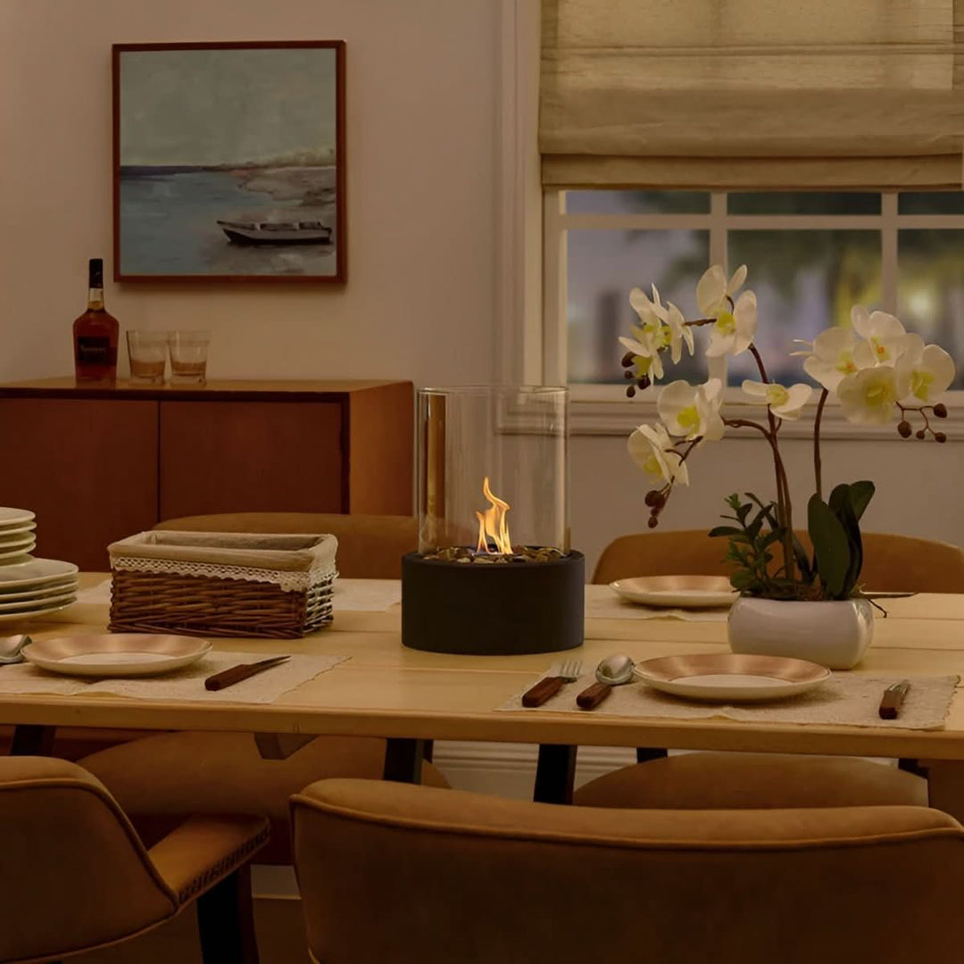 Bioethanol tabletop fireplace. Stylish, modern design for a decorative flame and cozy ambiance.