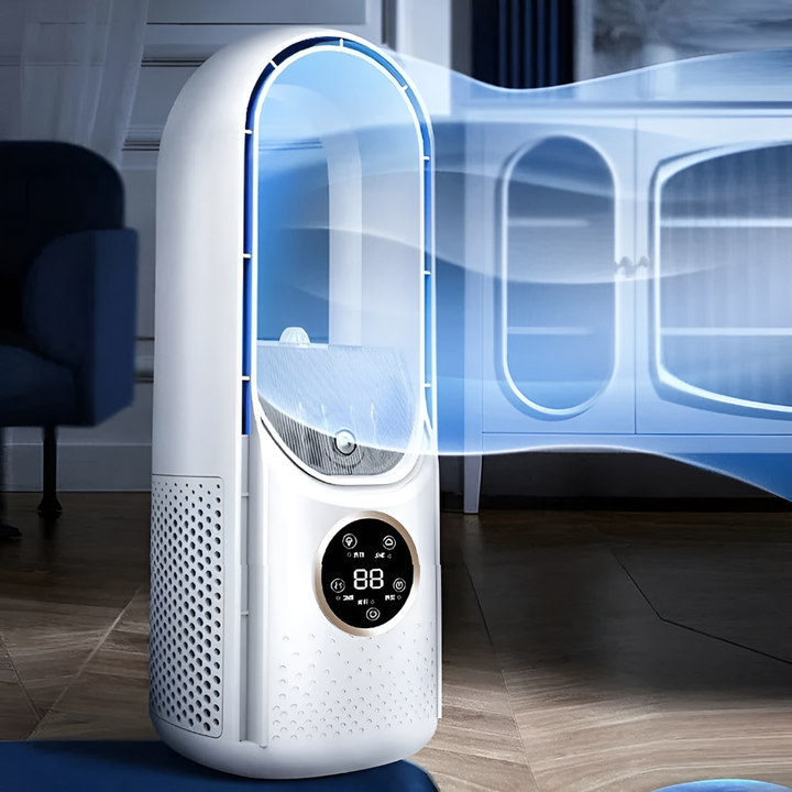 Portable bladeless air cooler fan, ideal for personal comfort in home office or desktop use. Quiet & efficient.