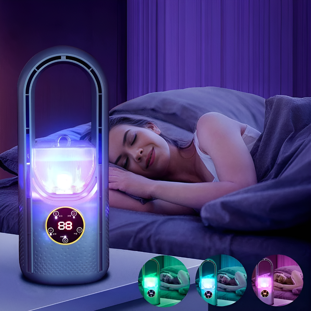 Compact portable air cooler for personal cooling. Bladeless fan design ensures quiet summer comfort & easy setup.