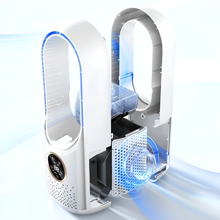 Bladeless portable fan offers safe, quiet personal cooling. Perfect small air circulator for any desk or room.