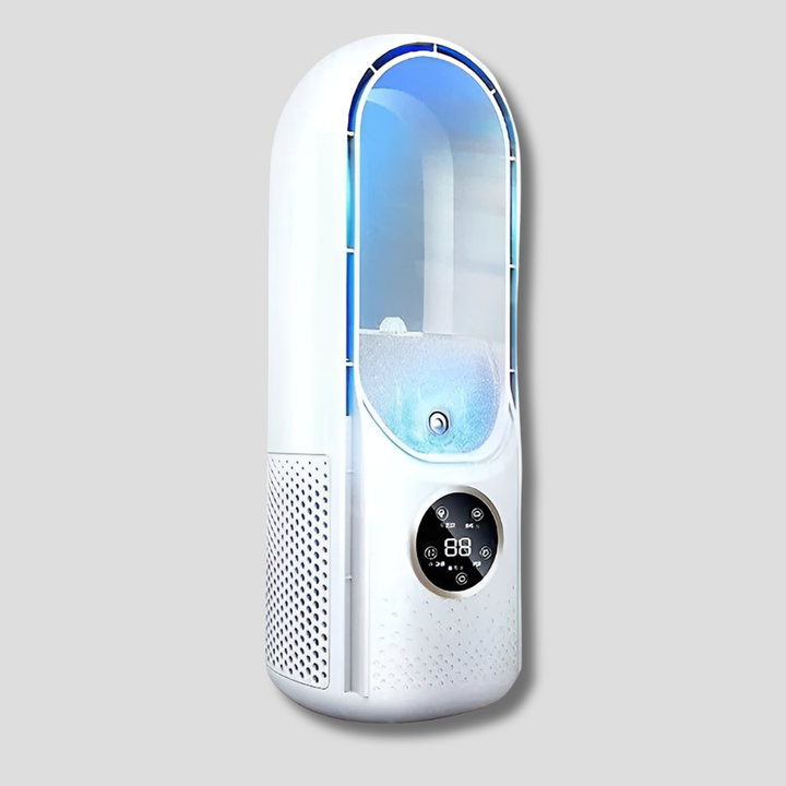 Summer comfort with this quiet, portable bladeless air cooler. Personal fan for desktop, home office, & more.