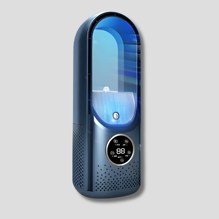 Small portable bladeless air cooler fan, providing personal comfort & quiet air circulation for any space.