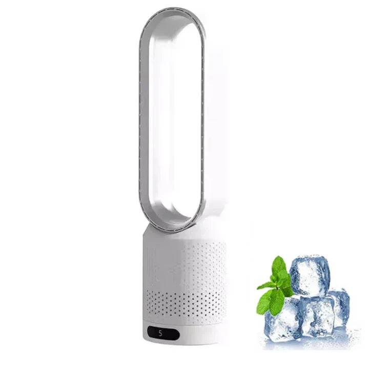 Sleek, modern bladeless fan with remote control. Enjoy safe, quiet cooling & air purification in any setting.