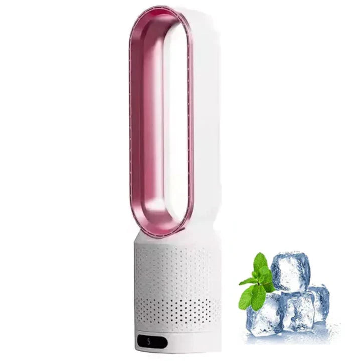 Desk-friendly bladeless fan featuring advanced air purification. Quiet operation for focused work or relaxation.