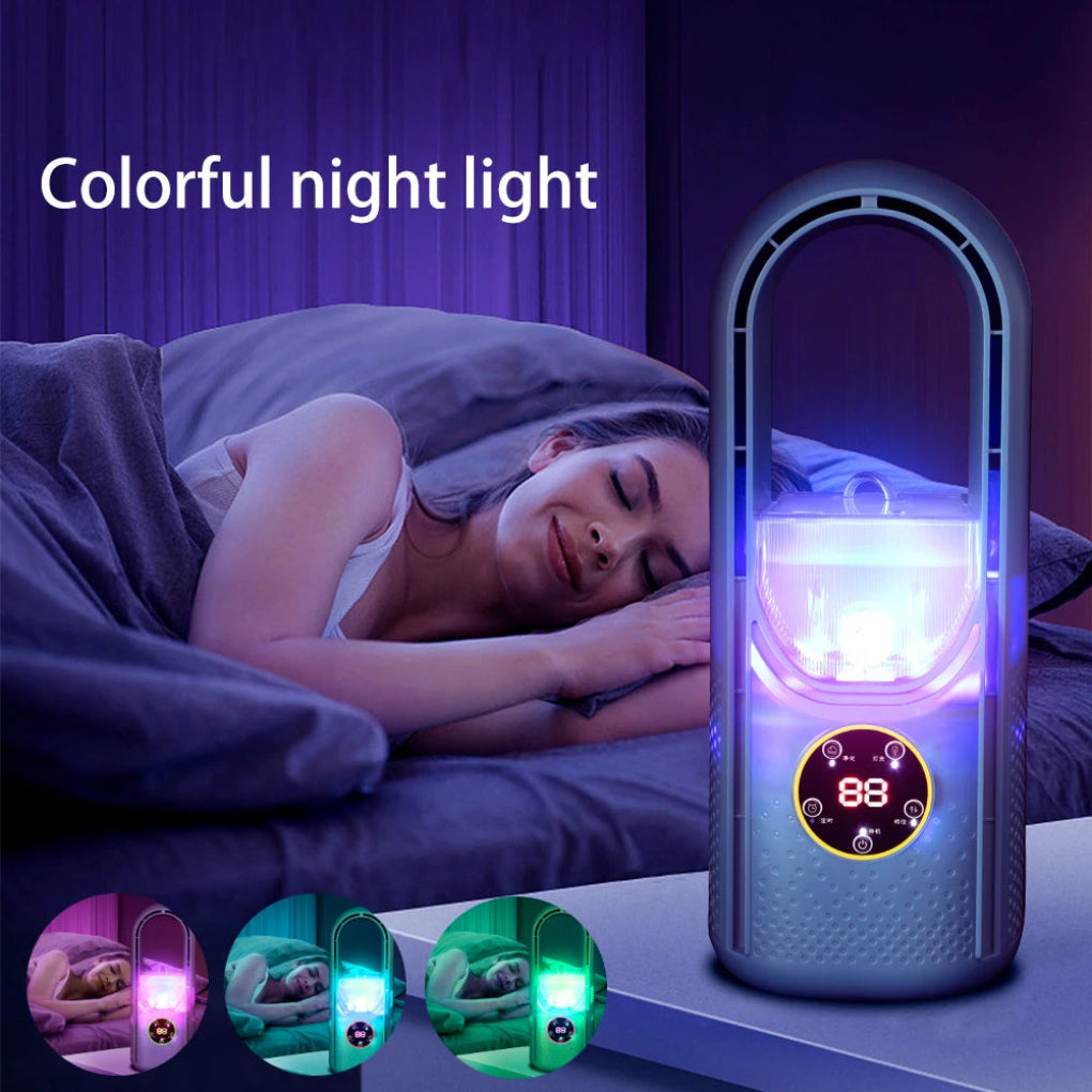 Portable bladeless fan with LED display, quiet operation, and USB charging. Perfect personal desk or travel cooling.