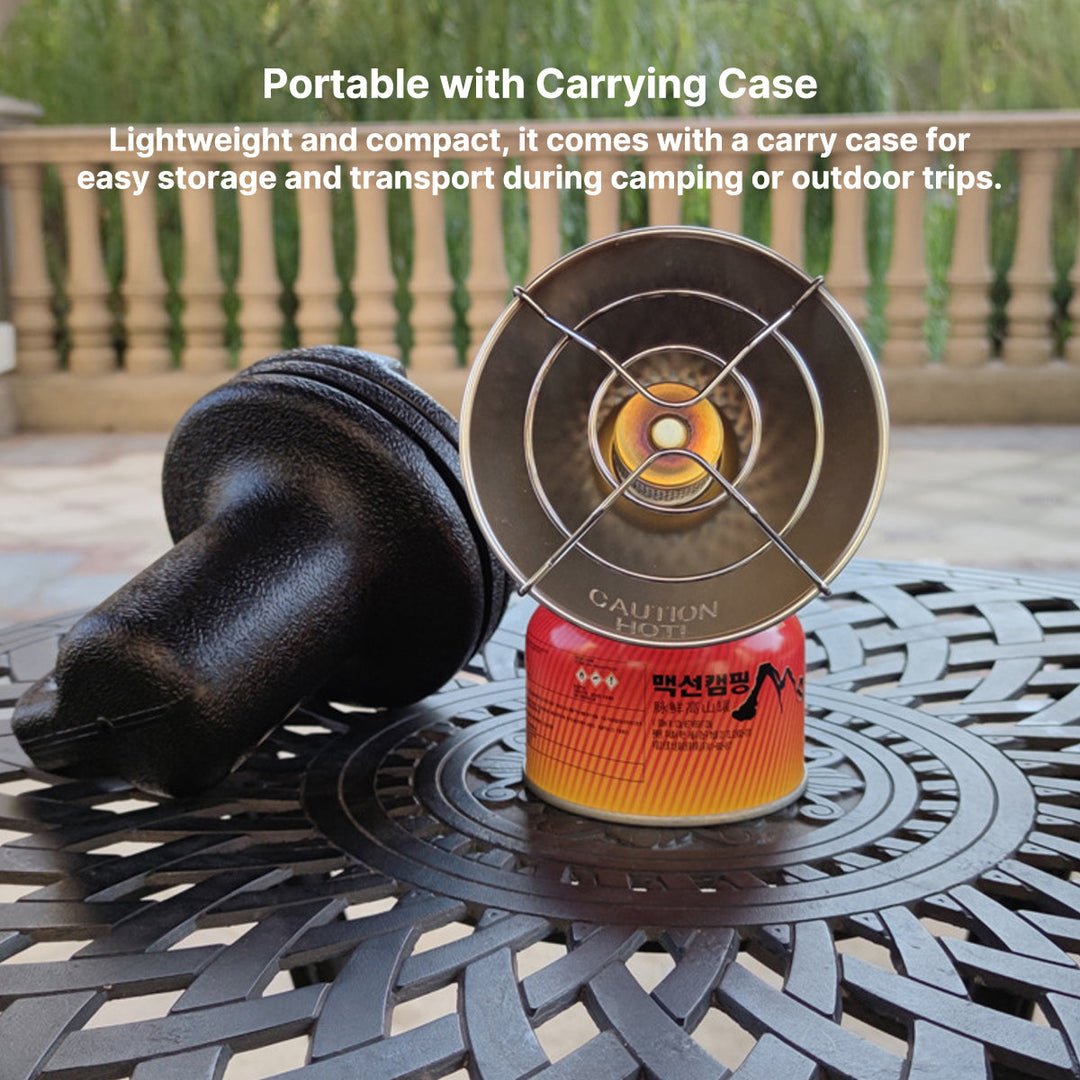 Butane camping heater providing emergency heat, a portable accessory perfect for cold weather expeditions.