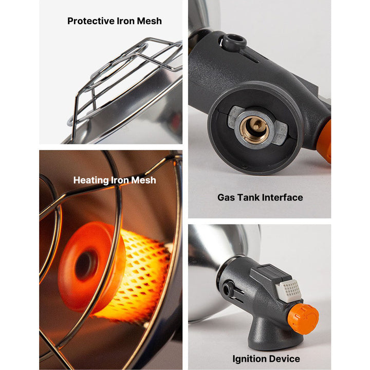 Butane heater in use inside a tent, providing comfortable warmth for winter camping and travel.