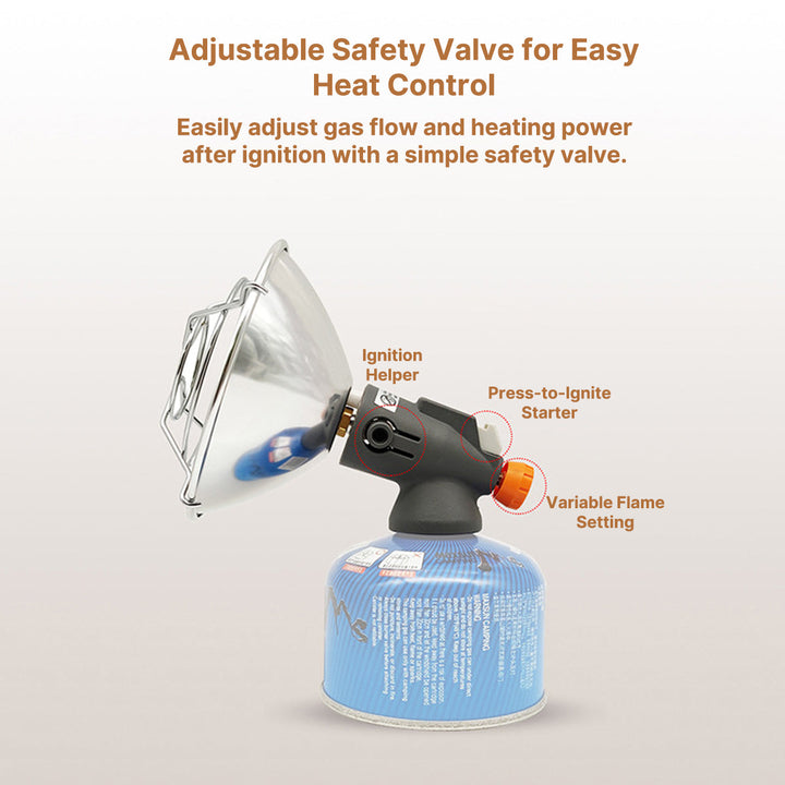 Portable butane heater with carrying handle, a versatile outdoor warmth solution for cold weather.