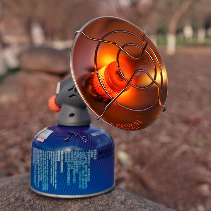 Butane camping heater with ignition button, designed for easy use and reliable emergency heat outdoors.