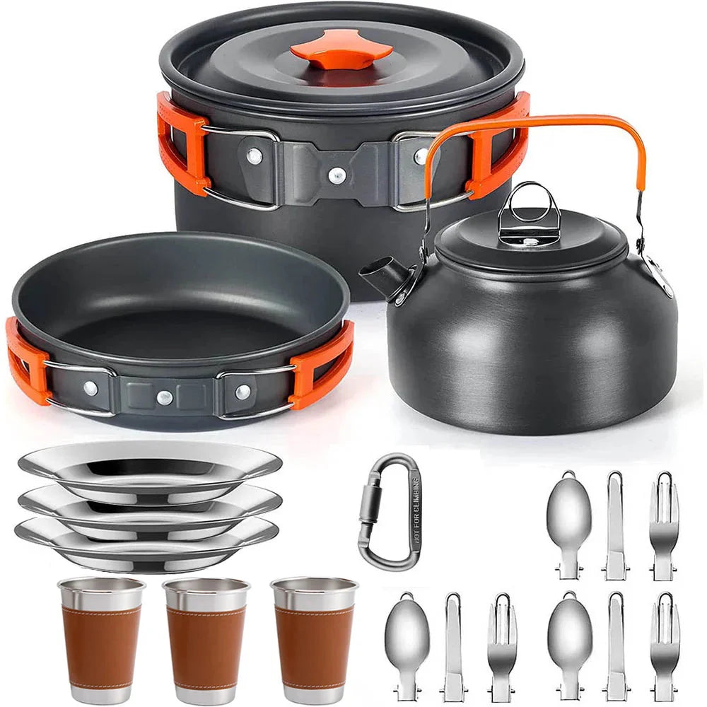 Portable camping cookware set for outdoor adventures, showing stacked pots and pan