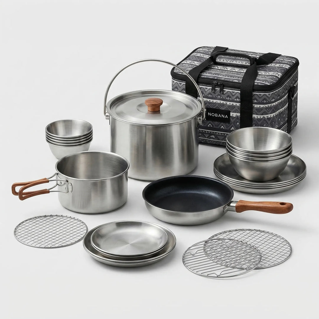 Stainless steel outdoor camping cookware set. Essential portable pots for backpacking, hiking, and travel kitchen needs.