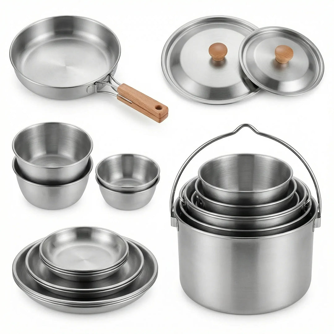 Complete unisex camping cookware set for outdoor cooking. Portable pots & pans, essential for camp kitchen & hiking gear.
