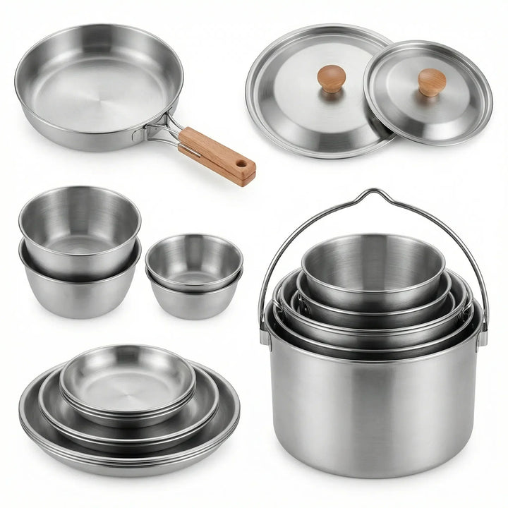 Complete unisex camping cookware set for outdoor cooking. Portable pots & pans, essential for camp kitchen & hiking gear.