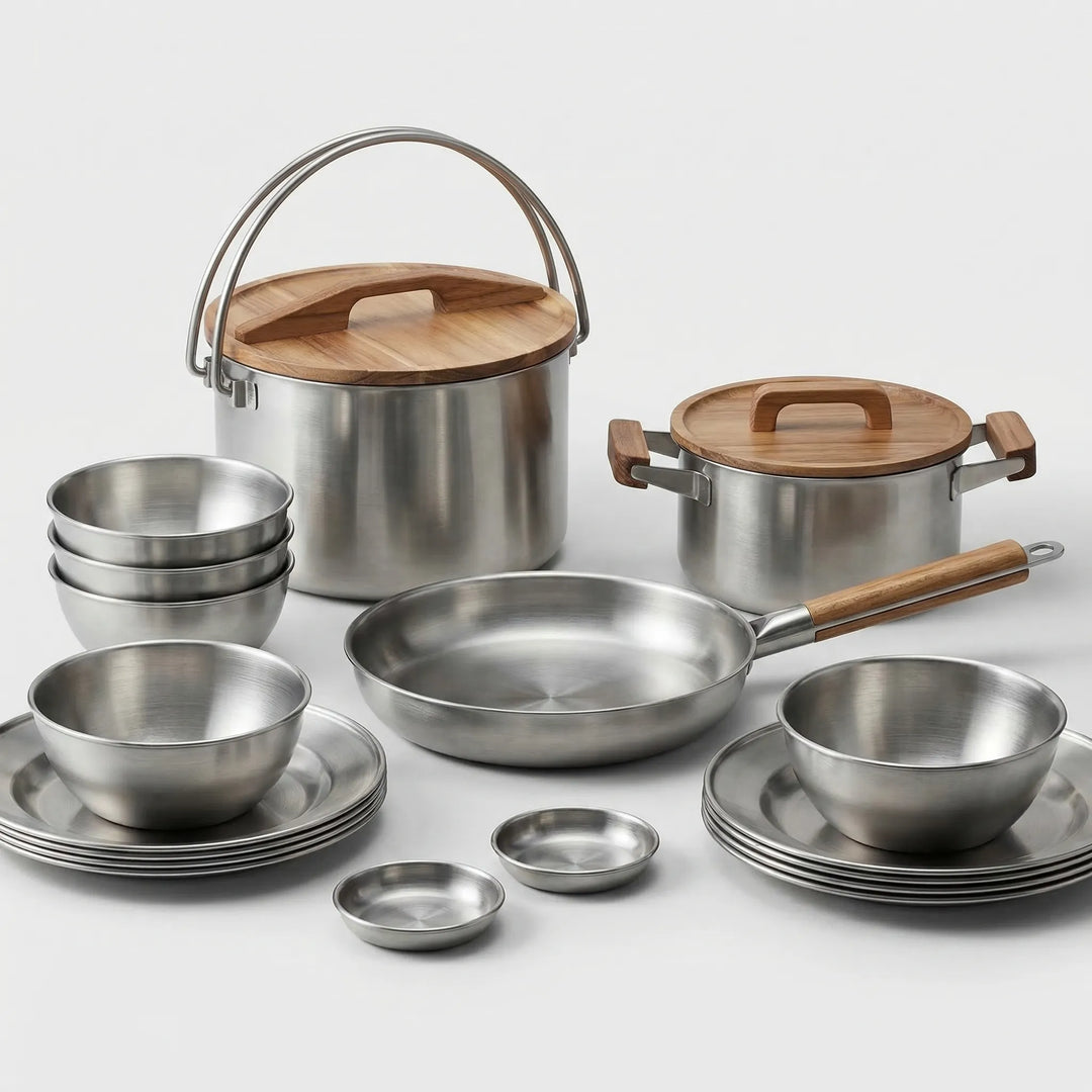 Essential portable camping cookware set, ideal for outdoor cooking. Compact stainless steel pots & pans for backpacking.