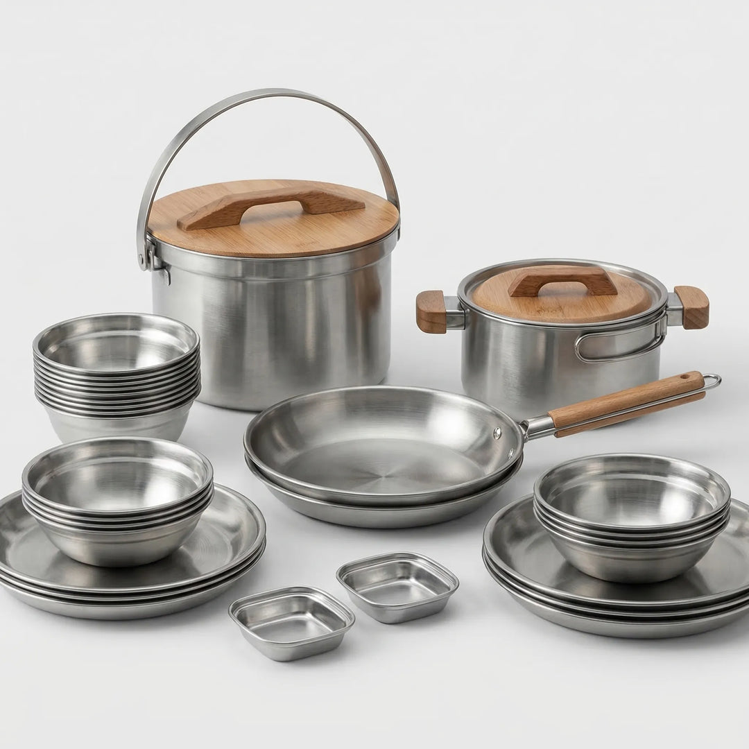 Multi-piece camping cookware set, perfect for camp kitchen outdoor cooking. Portable pots for hiking & backpacking stove.