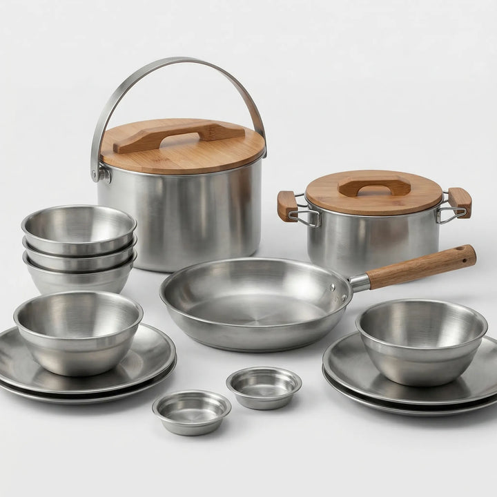 Durable stainless steel camping cookware set, essential for outdoor cooking, camp kitchen, hiking & travel dinnerware.