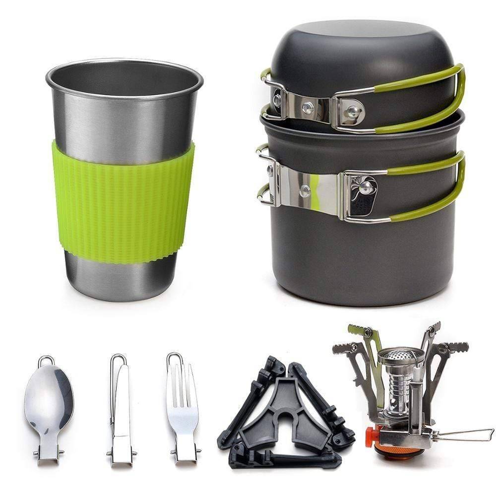 Portable camping cookware set with mini stove, ideal for outdoor cooking and backpacking adventures.