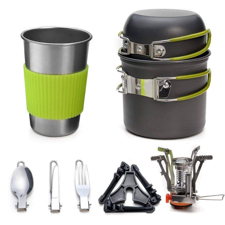 Portable camping cookware set with mini stove, ideal for outdoor cooking and backpacking adventures.