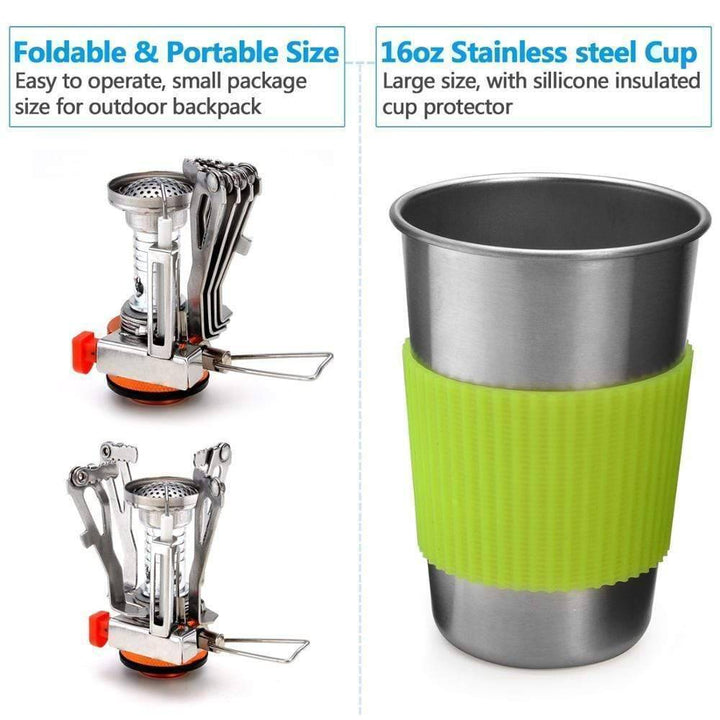 Lightweight travel cookware set with a mini stove, essential gear for camping and outdoor enthusiasts.