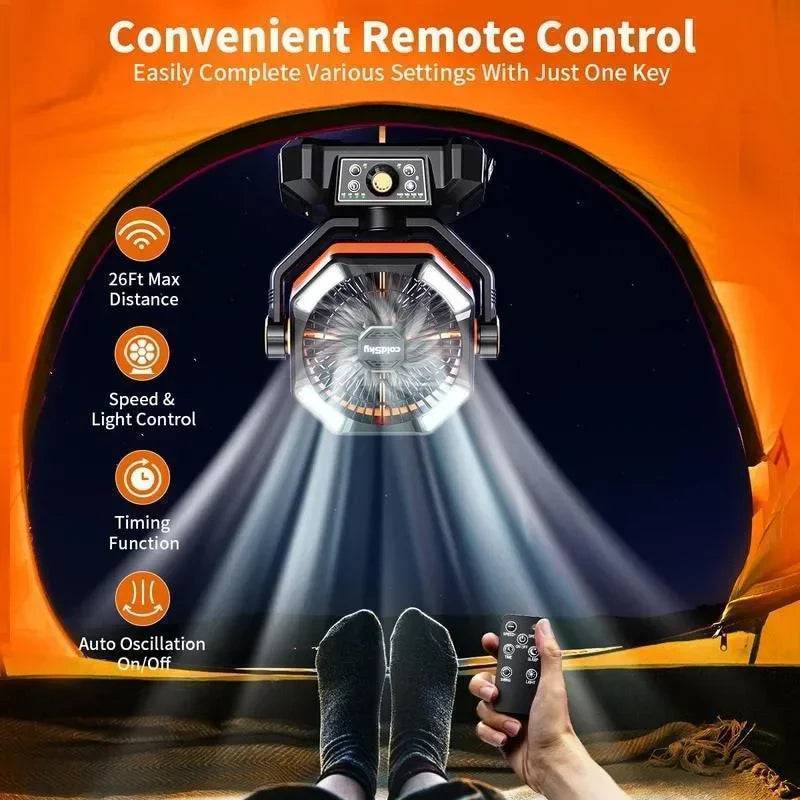 Outdoor gear: Orange portable fan with bright LED lantern, long-lasting 20000mAh battery for camping