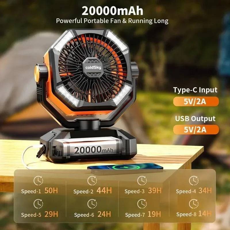 Orange camping fan with 20000mAh battery, LED light, and hook for easy hanging in tents