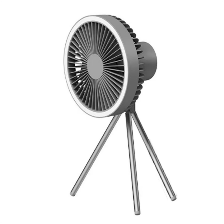 Portable camping fan with built-in LED light for tent and outdoor use, rechargeable battery included