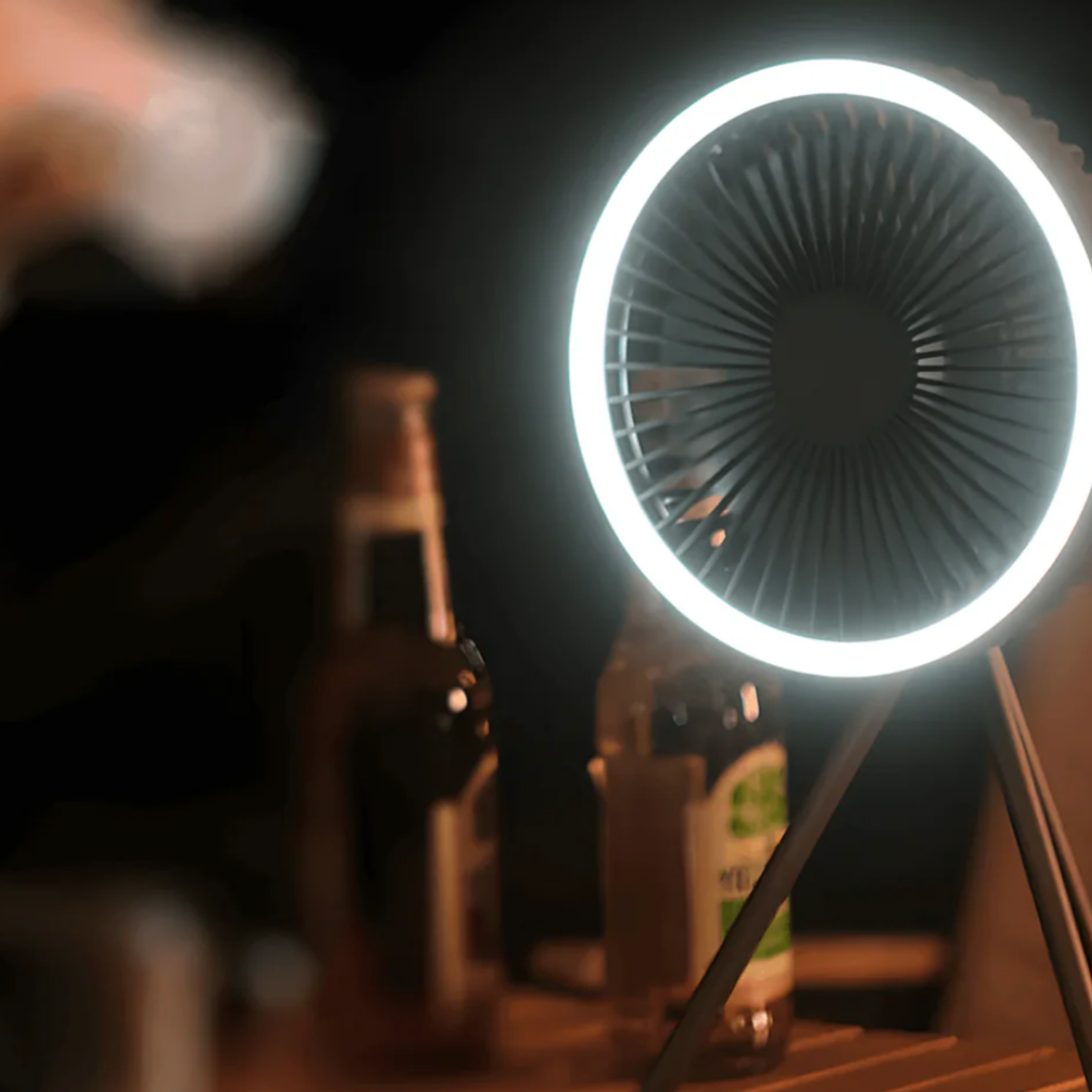 Multi-functional camping fan with LED light, provides comfort and visibility in the outdoors