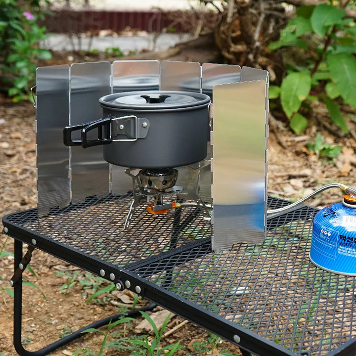 Durable gas stove windshield for camping, enhancing outdoor cooking efficiency